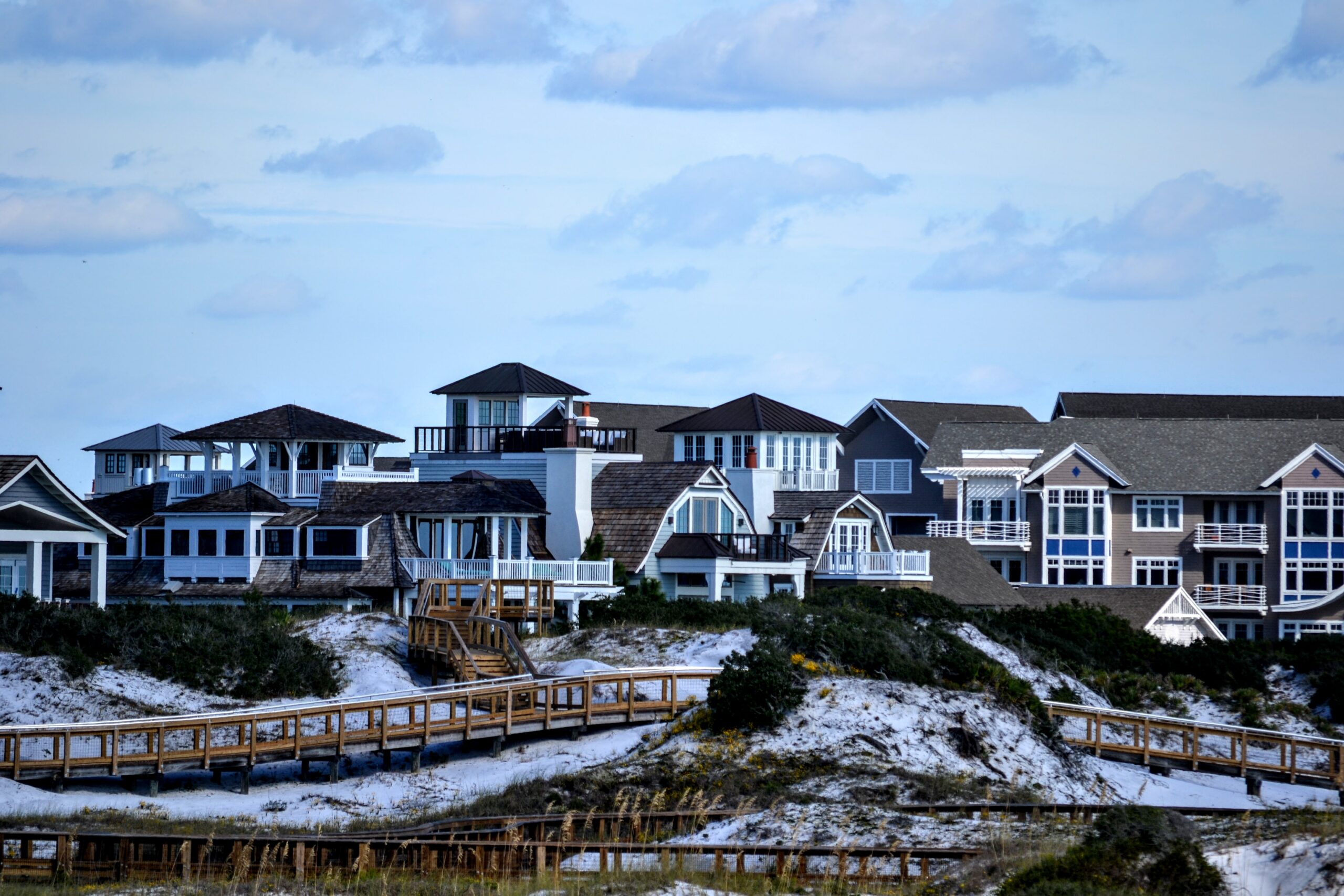Homes and dune boardwalks at Watersound Beach seen from the beach, Walton County, Florida