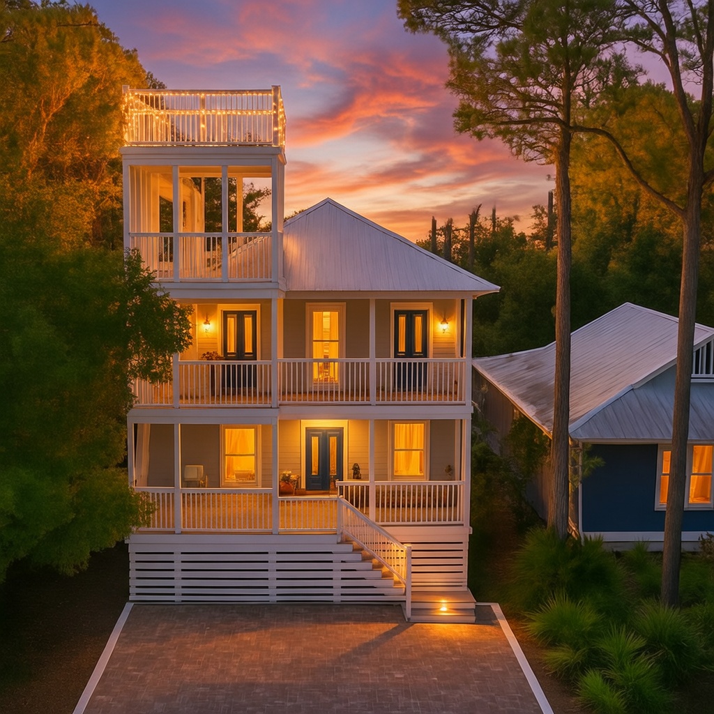 Sunset over a Gulf-front home on San Juan Avenue in Seagrove Beach, Florida