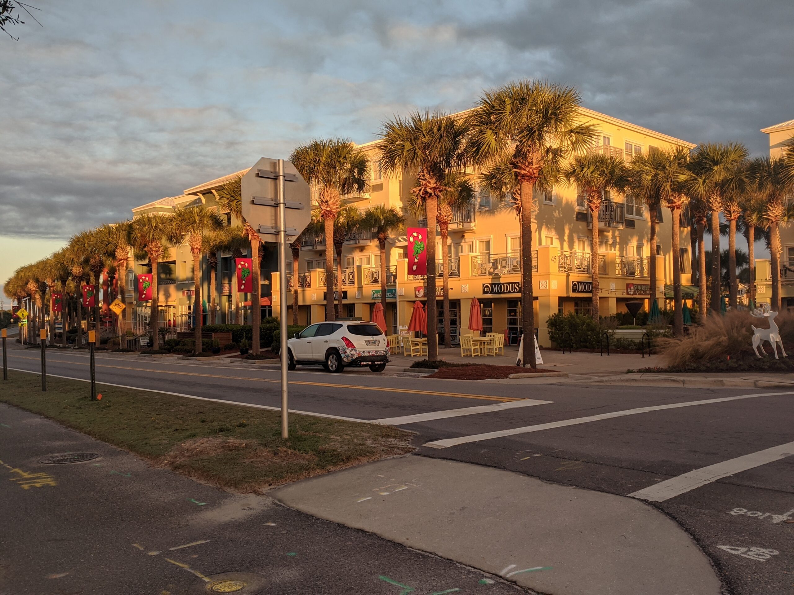 Gulf Place town center in Santa Rosa Beach at golden hour