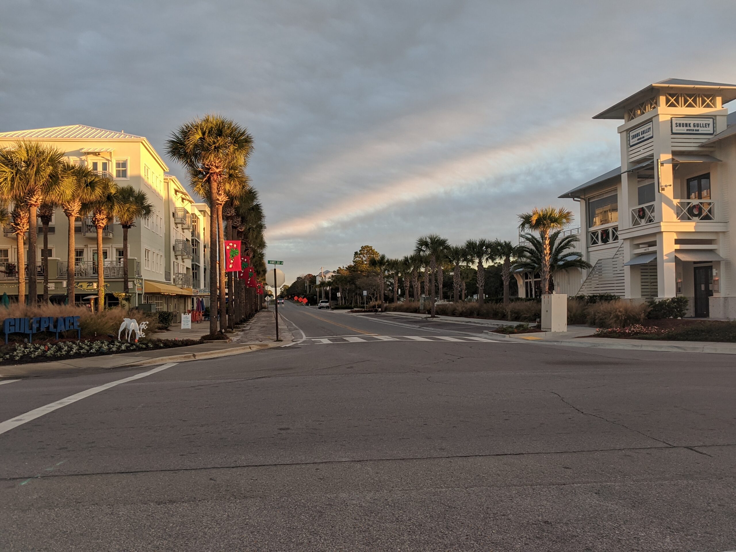 Sunrise looking north up Highway 393 through Gulf Place, palm trees lining the street