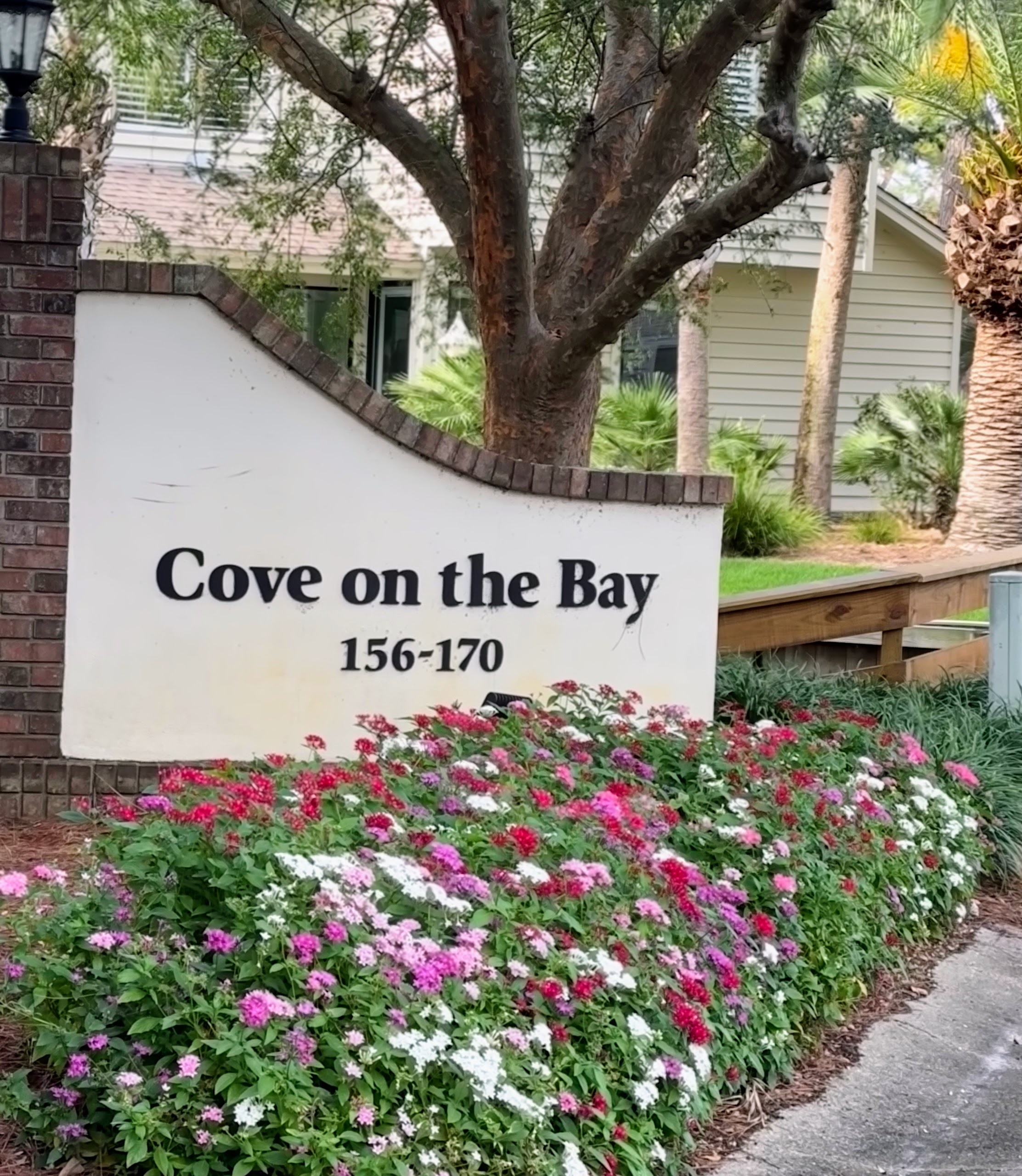 cove by the bay sign sandestin sunny lots of flowers