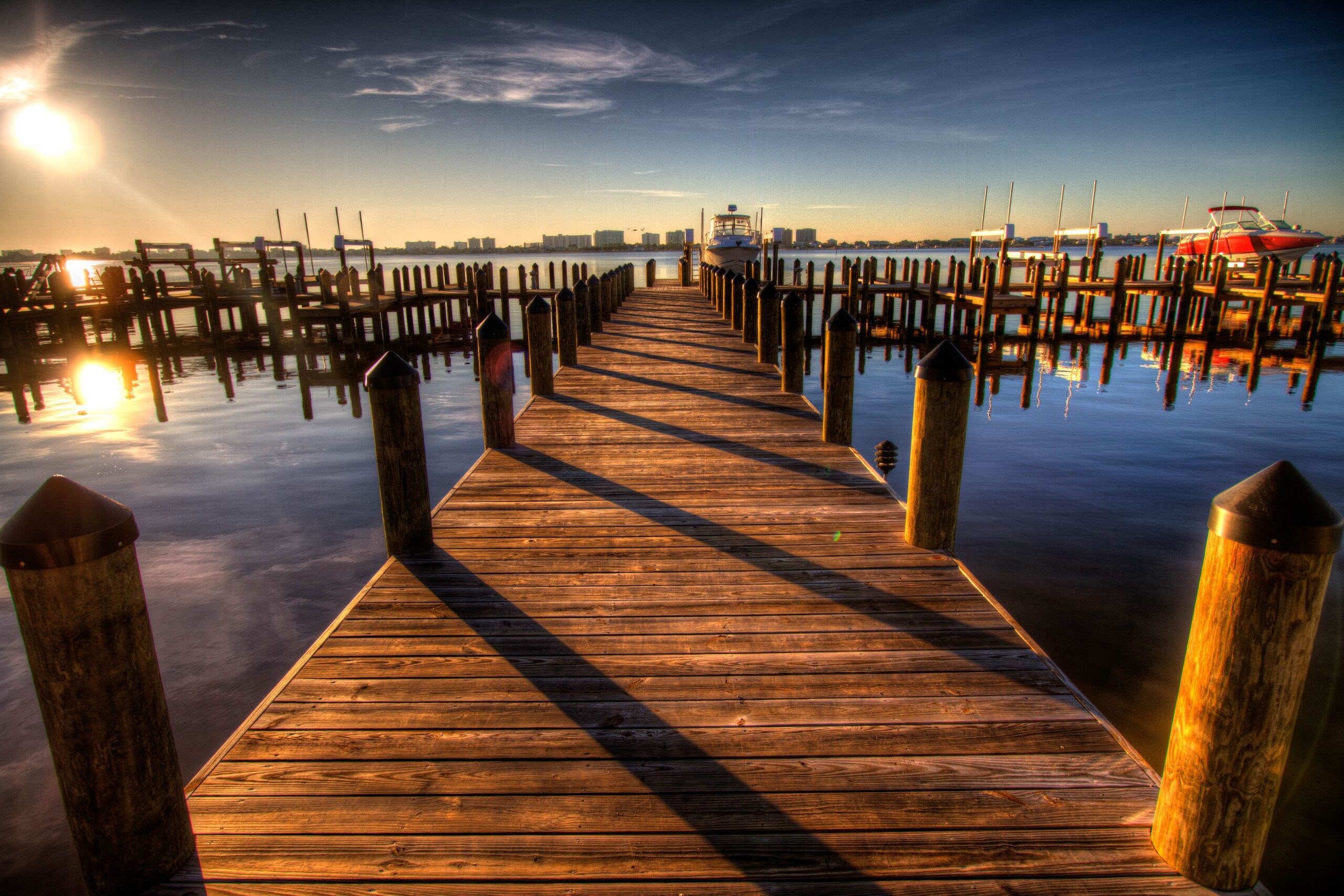 Niceville, Boat dock, early morning, view of Destin Florida across the Bay.